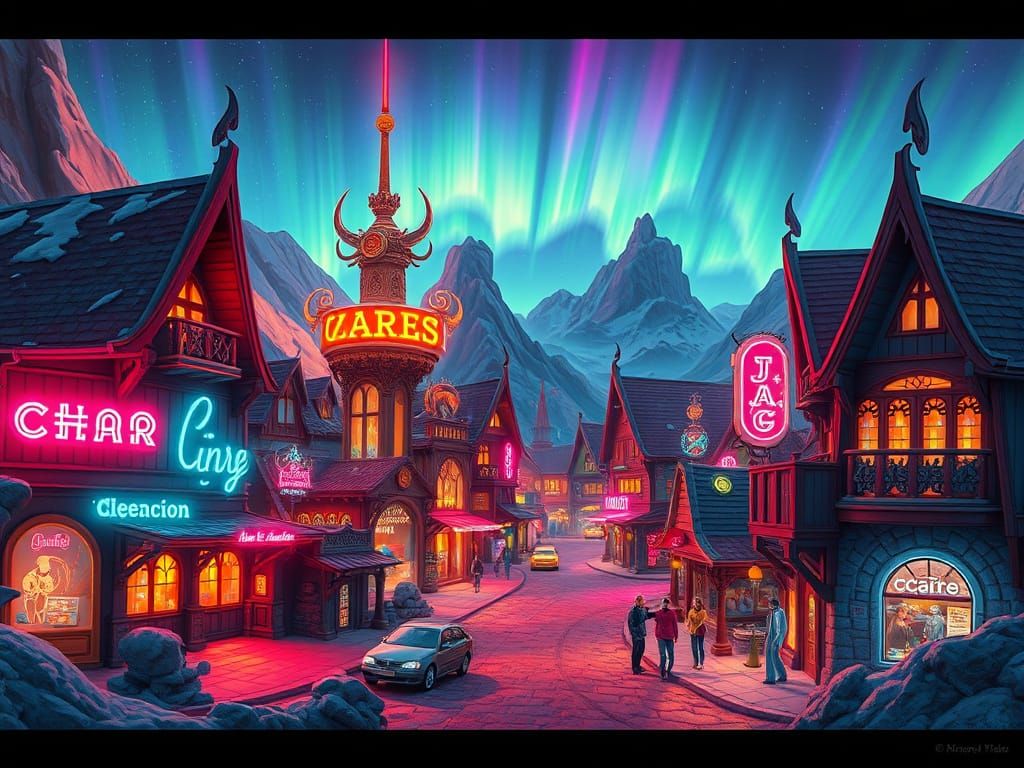 Vibrant Synthwave Townscape Under Perpetual Aurora