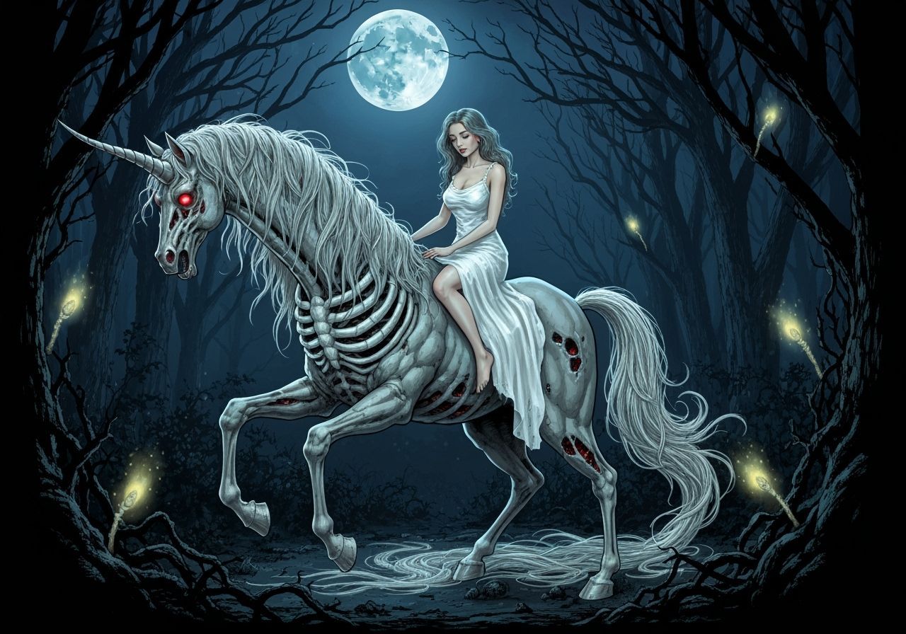 Zombie Unicorn and Somnambulant Girl in Gothic Forest
