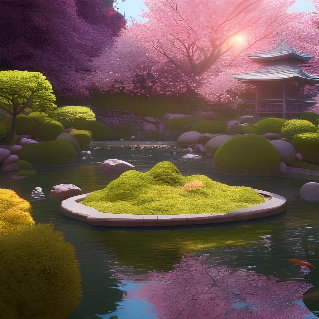 Cherry Blossom Garden with Koi Pond in Cel-Shaded Style