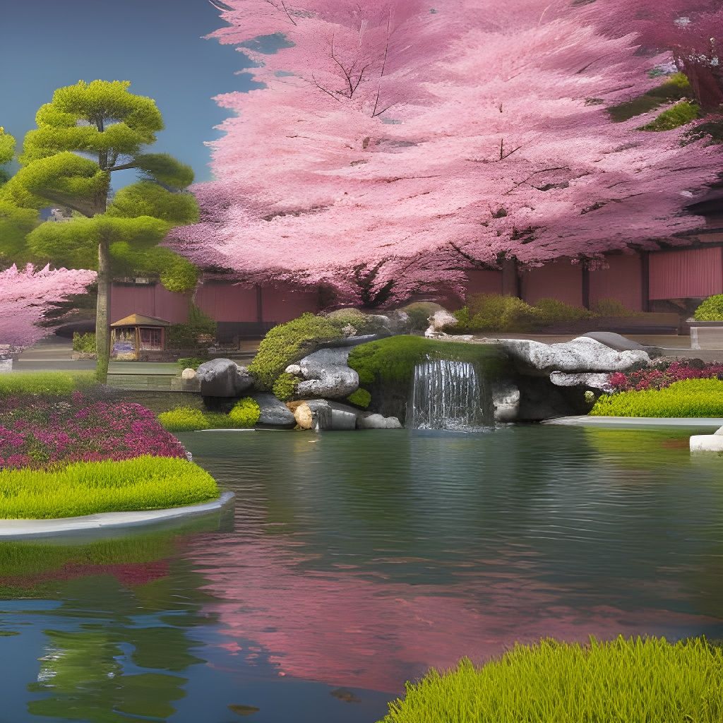 Japanese Cherry Blossom Garden with Koi Pond
