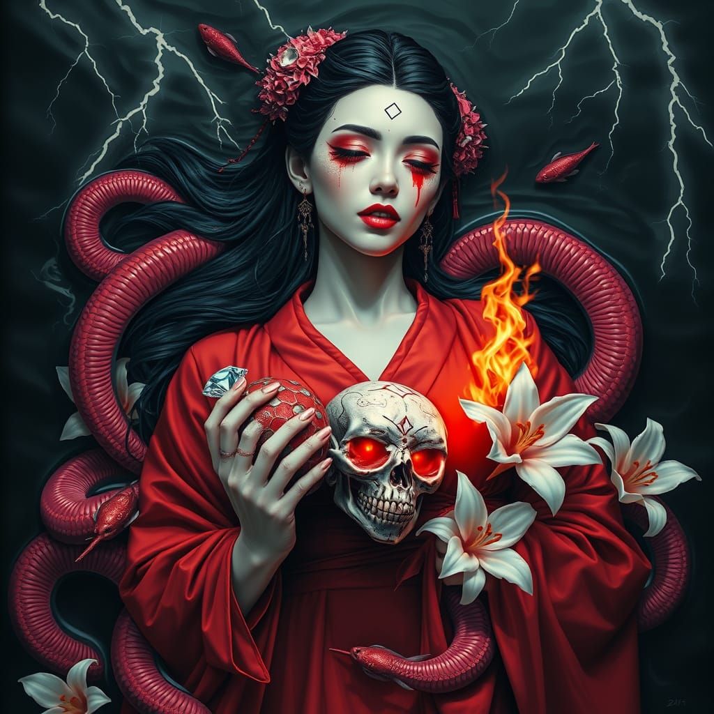 Surreal Geisha in Gothic Pool with Snakes