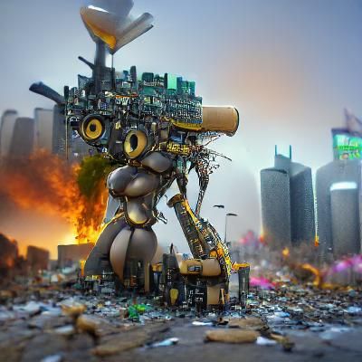 Giant Robot Destroys Futuristic City in Honeypunk Style