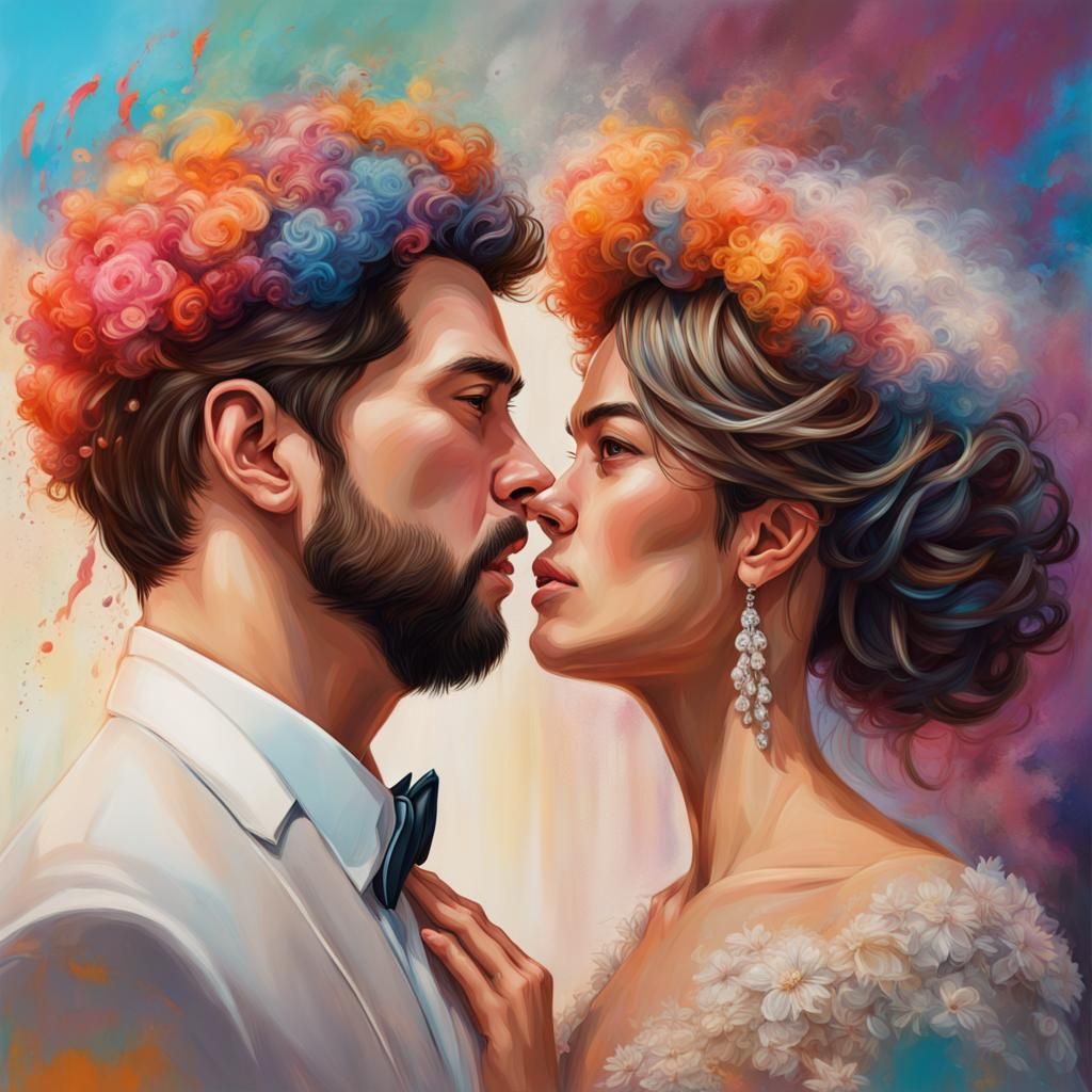 Hyperrealistic Wedding with Wigs in Splash Art Style
