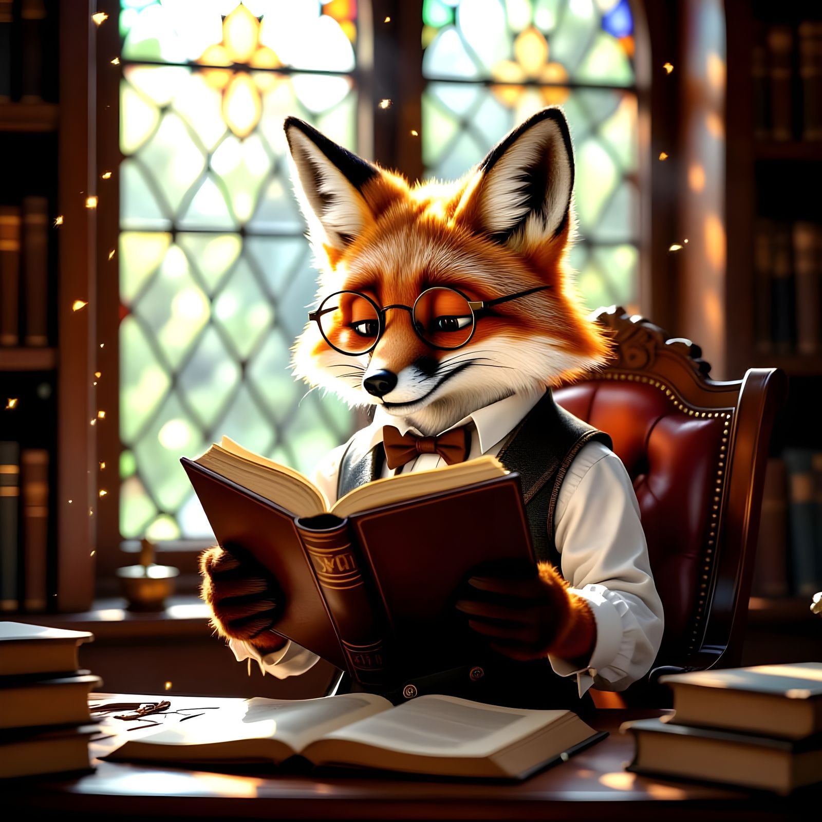 Anthropomorphic Fox Reading Ancient Tome in Cozy Study