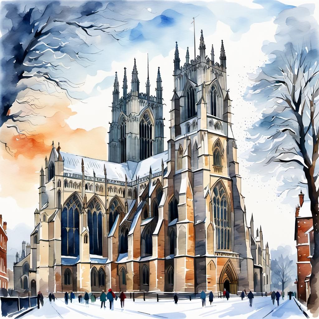 Snow Covered York Minster in Watercolor Style