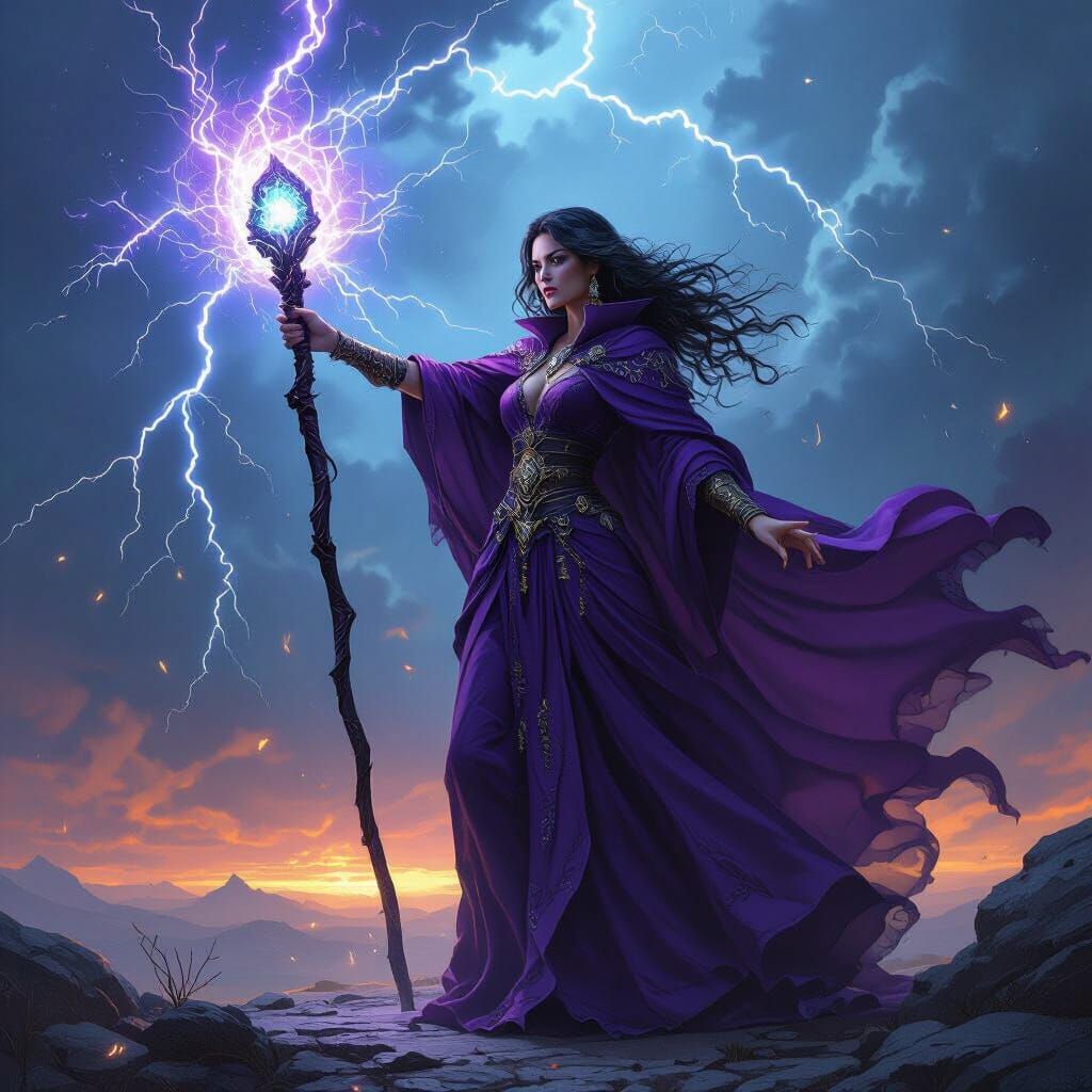 Sorceress Conjures Lightning and Protection in Dark Fantasy ...