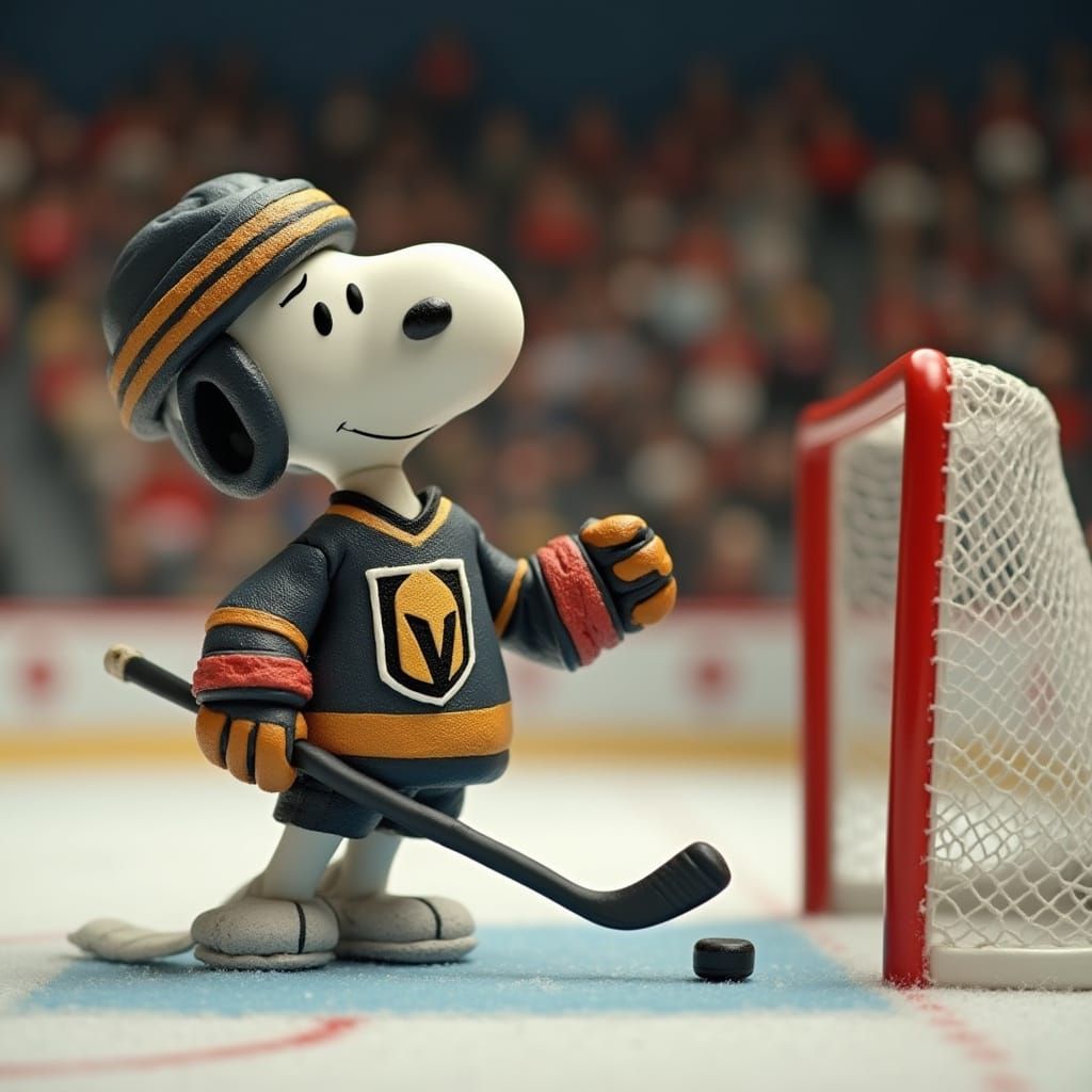 Claymation Snoopy Shoots Puck in Golden Knights Jersey
