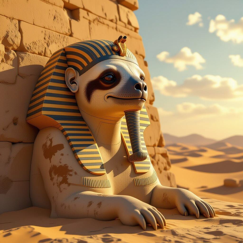 Sloth Sphynx Statue in Desert Landscape