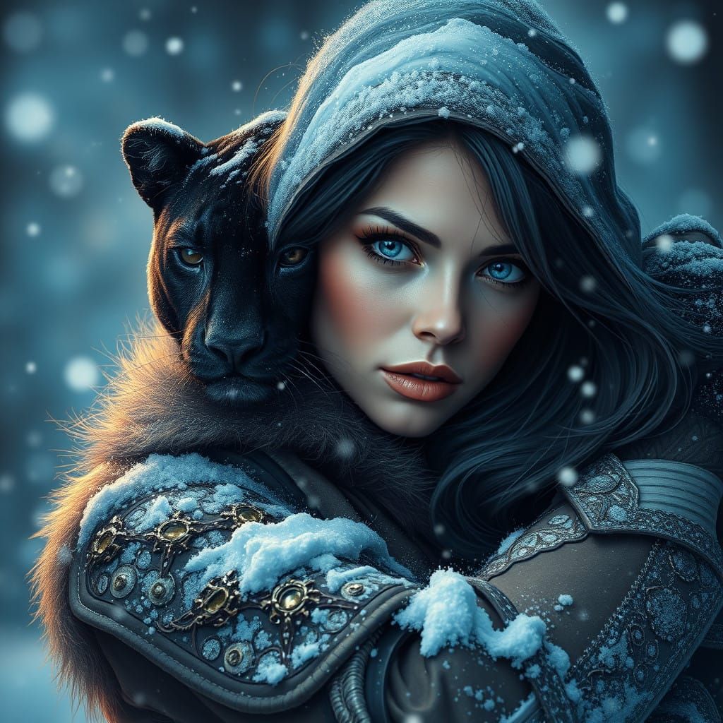 Elegant Woman Embraces Black Panther in Snowy Scene