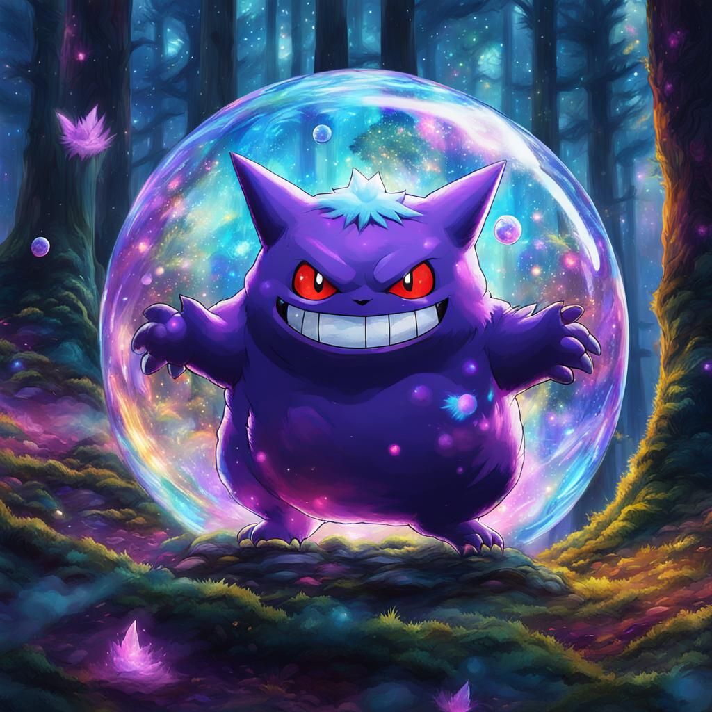 Gengar in Forest Bubble: Holographic Astral Illustration