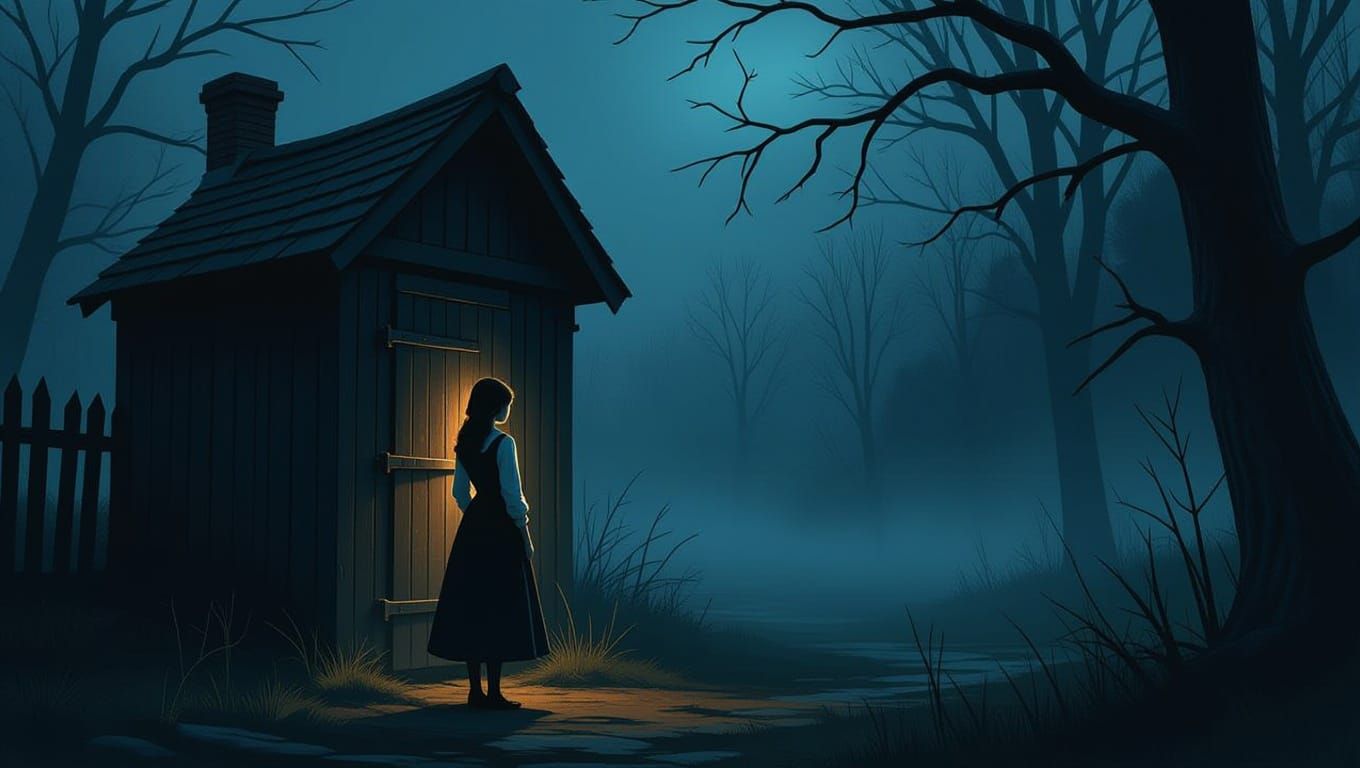 Victorian Girl in Eerie, Shadowy Village Scene