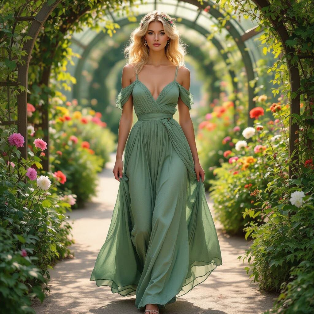 Blonde Woman in Floral Dress, Art Nouveau Style