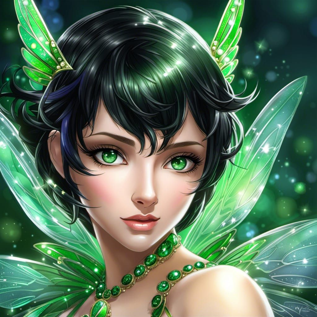 Fairy Woman Portrait with Glittering Wings in Anime Style
