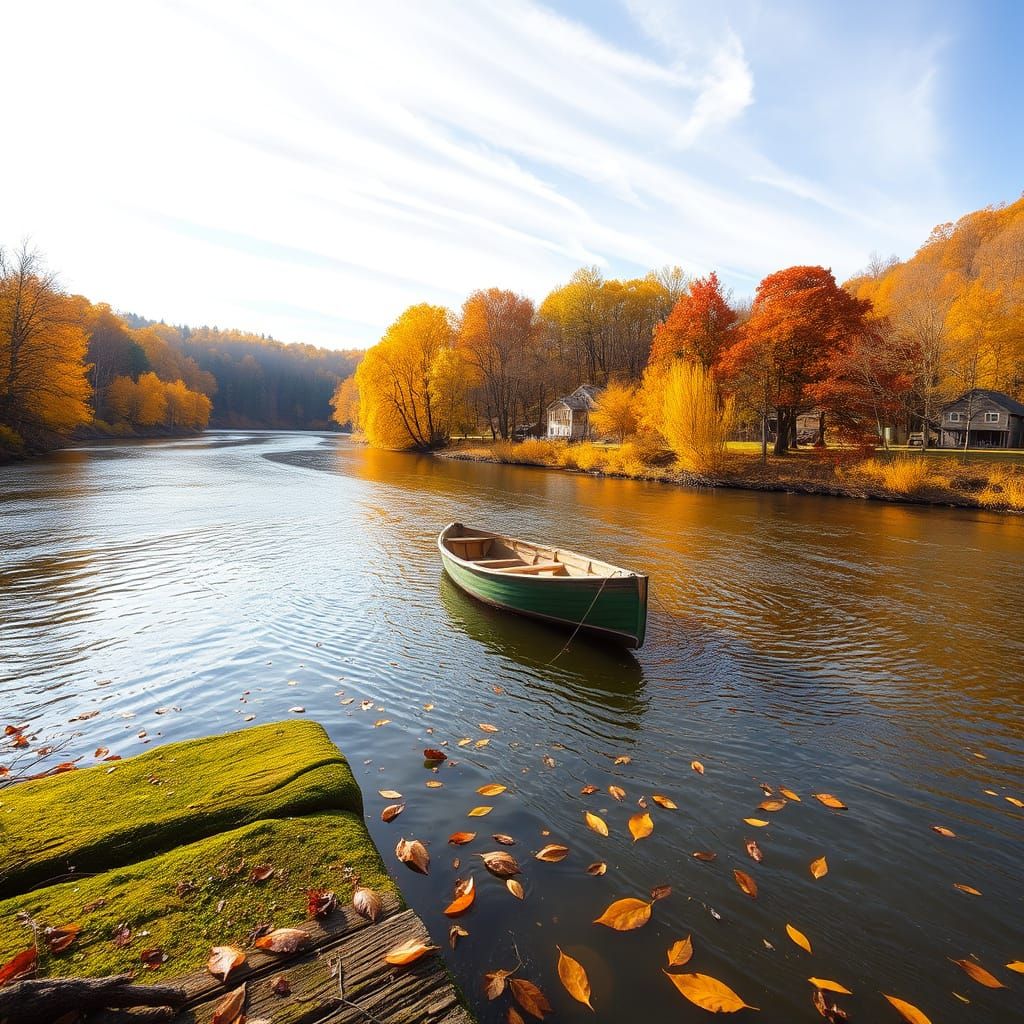 Autumn River Forest with Rowboat