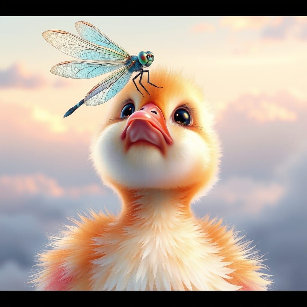 Watercolor Duckling with Dragonfly in Vibrant Anime-Inspired...