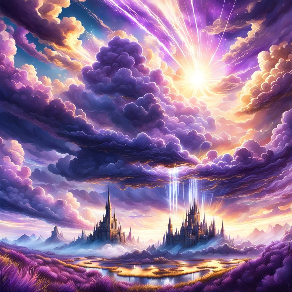 Majestic Purple Clouds with Golden Sunbeams