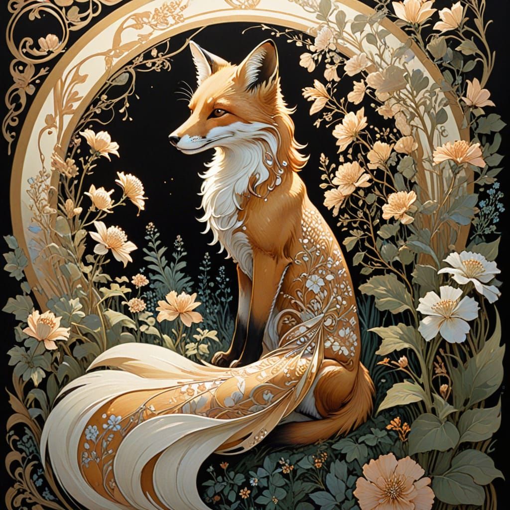 Art Nouveau Fox Spirit in Enchanted Garden