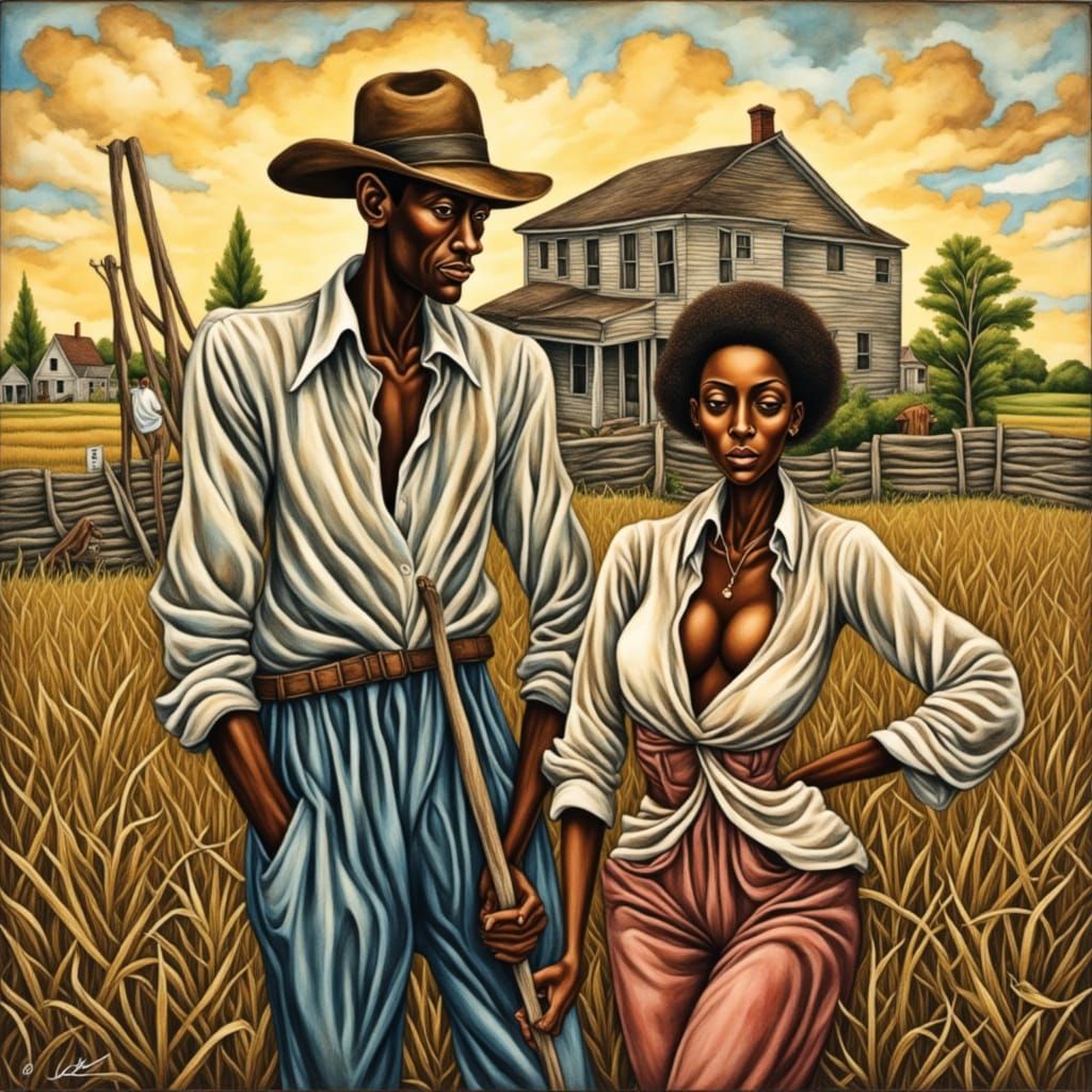 Vintage Illustration of Black Sharecroppers in Expressionist...