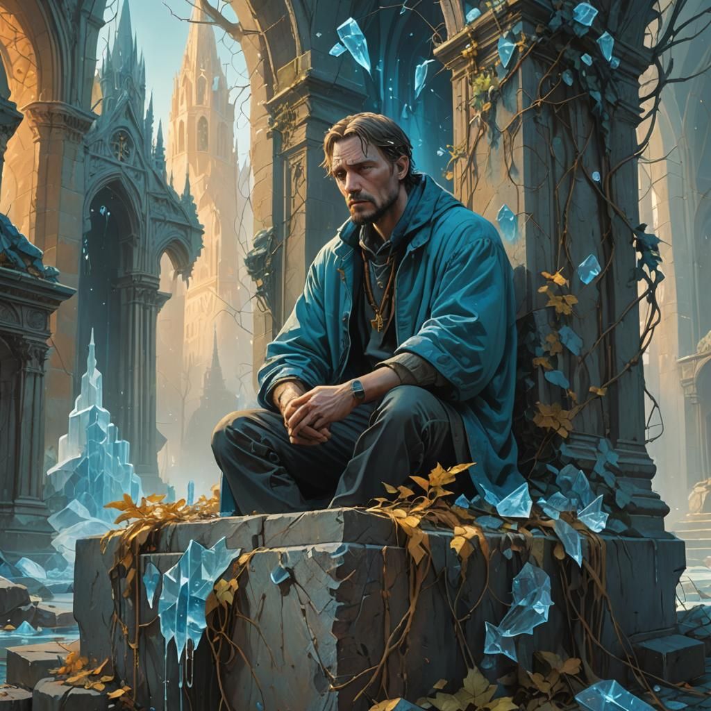 Sorrowful Man in Abandoned Cathedral, Fantasy Art