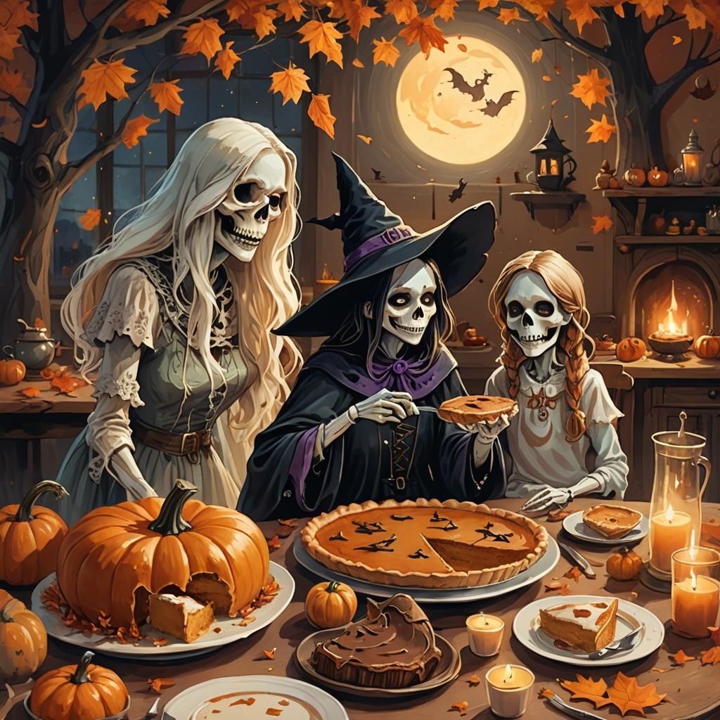 Whimsical Witch and Ghost Enjoying Pumpkin Pie
