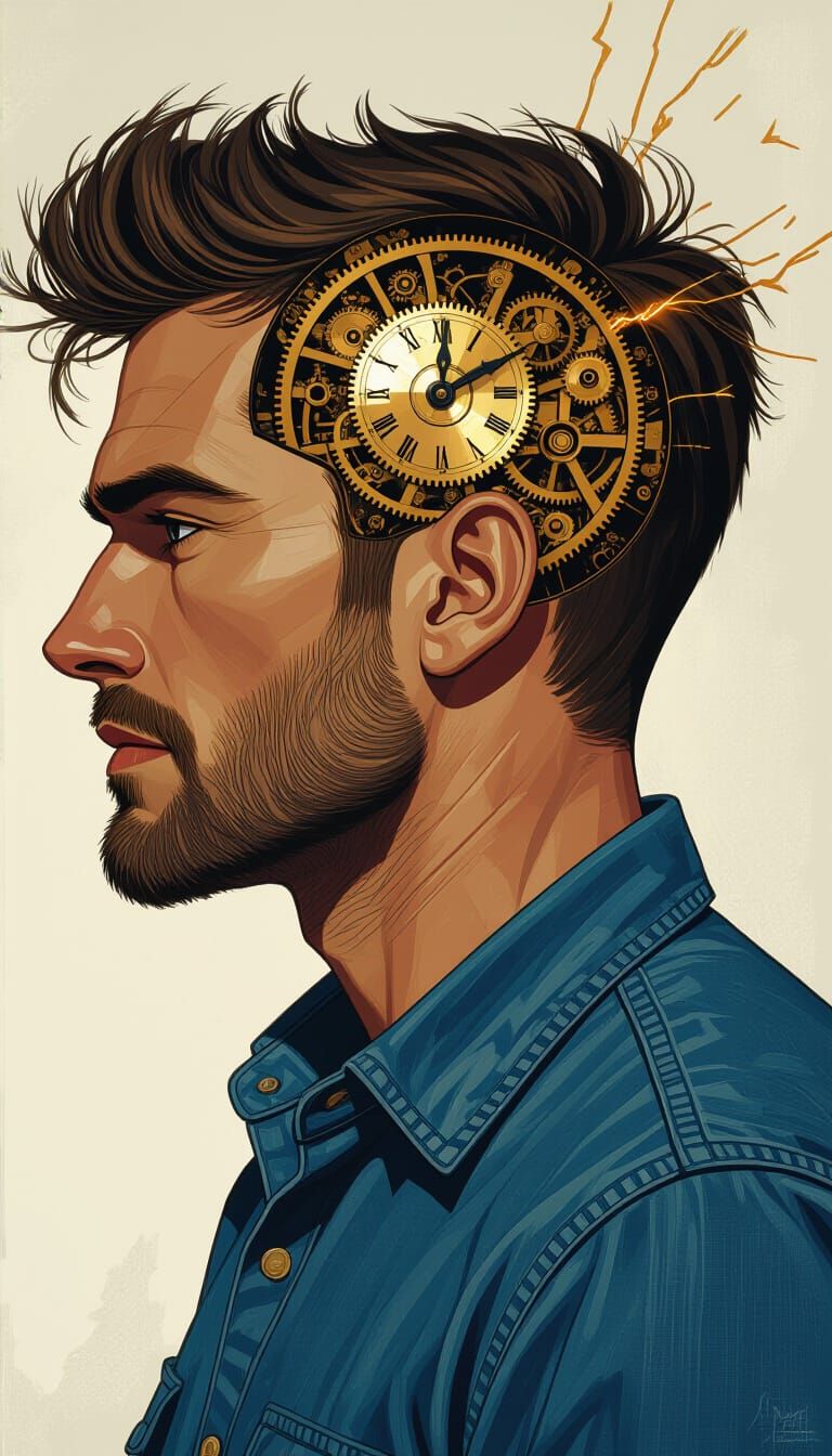 Steampunk Man with Clockwork Brain Side Profile