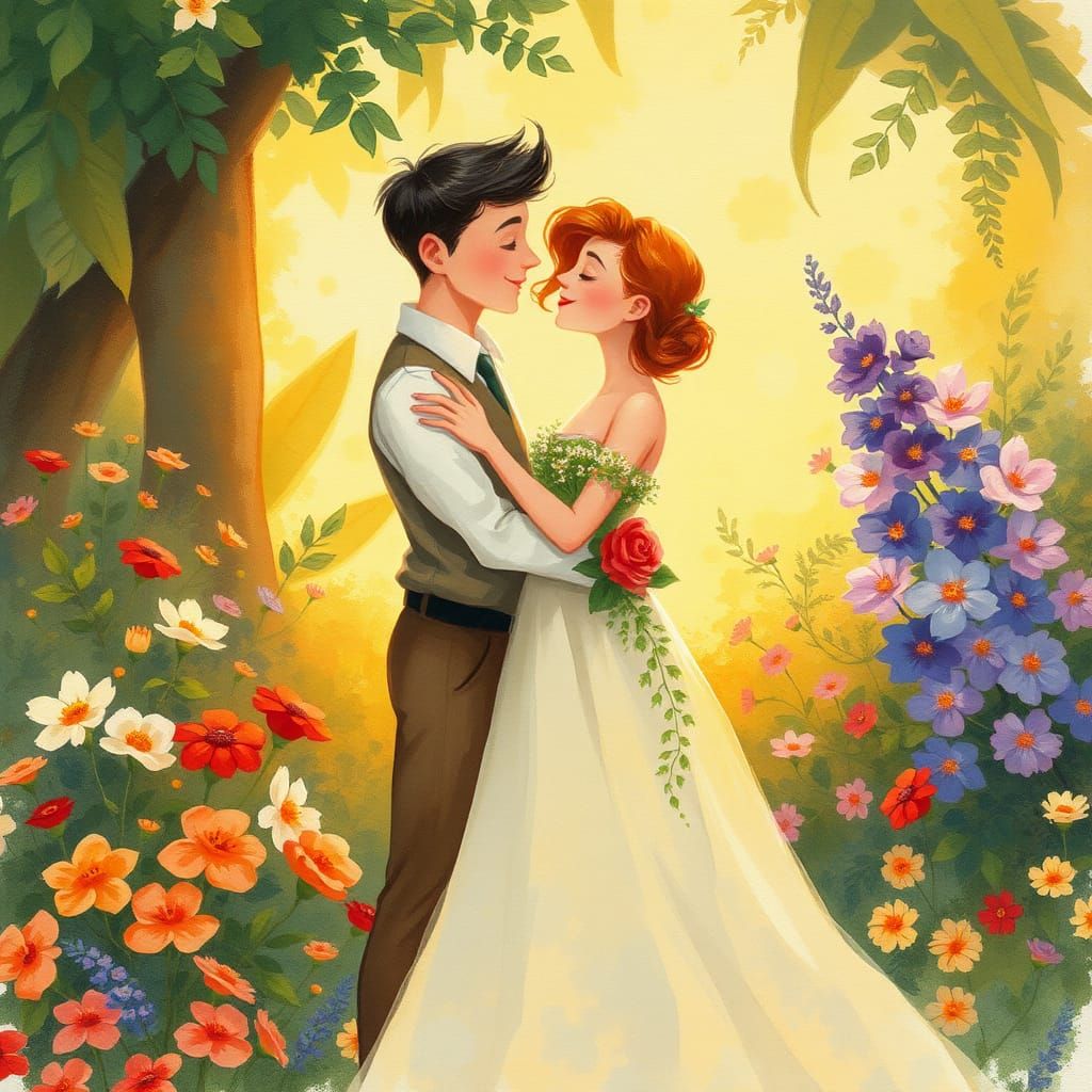 Whimsical Couple Embracing in Impressionistic Garden