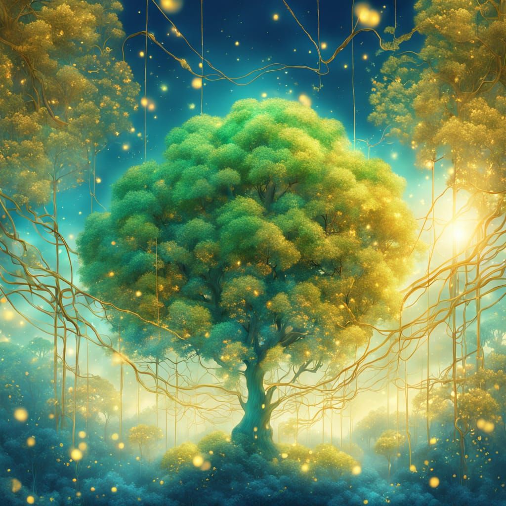 Surreal Dreamscape Under Radiant Sky with Glowing Trees
