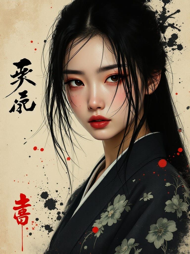 Young Japanese Woman in Neo-Traditional Ink Style, Dramatic ...