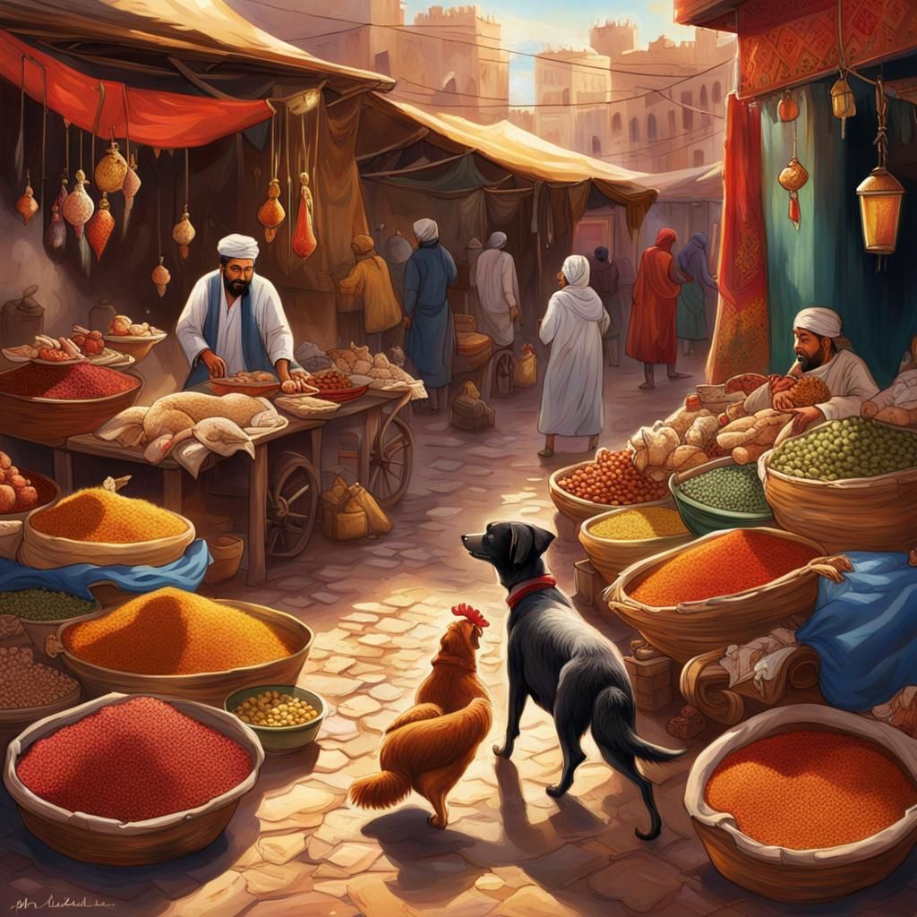 Vibrant Moroccan Marketplace Scene with Mischievous Animals