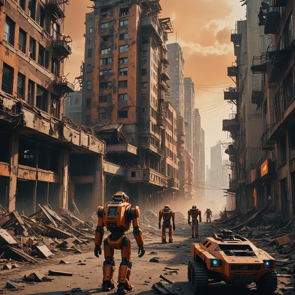 AI-Ruled City Ruins in Post-Apocalyptic Film Still