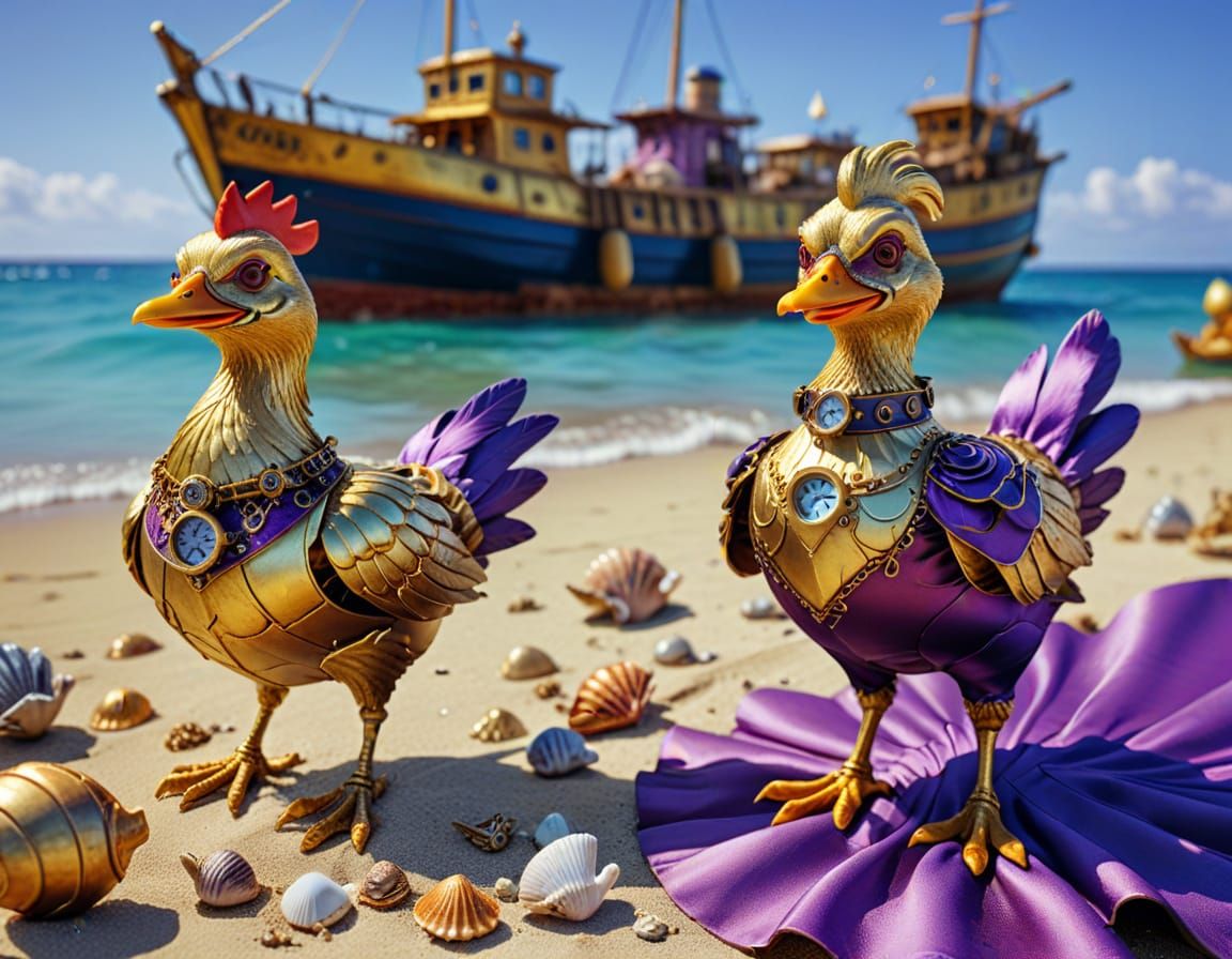 Steampunk Chicken Vacation on a Golden Beach