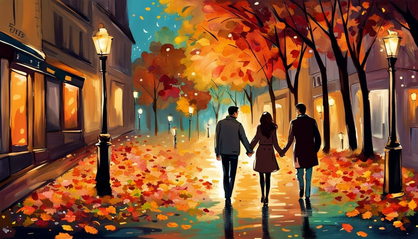 Romantic Couple Walking in Paris at Night