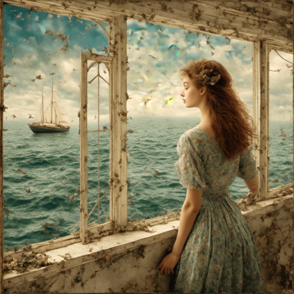 Woman Gazing at Sea: Collage Style