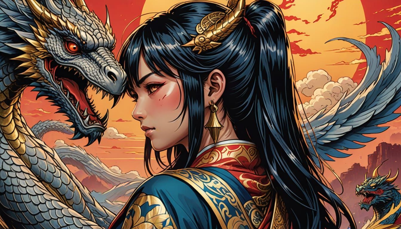 Japanese Woman with Dragon Tattoo in Comic Book Style