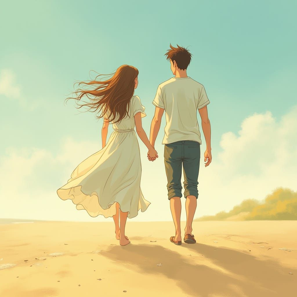 Romantic Beach Stroll in Animated Style