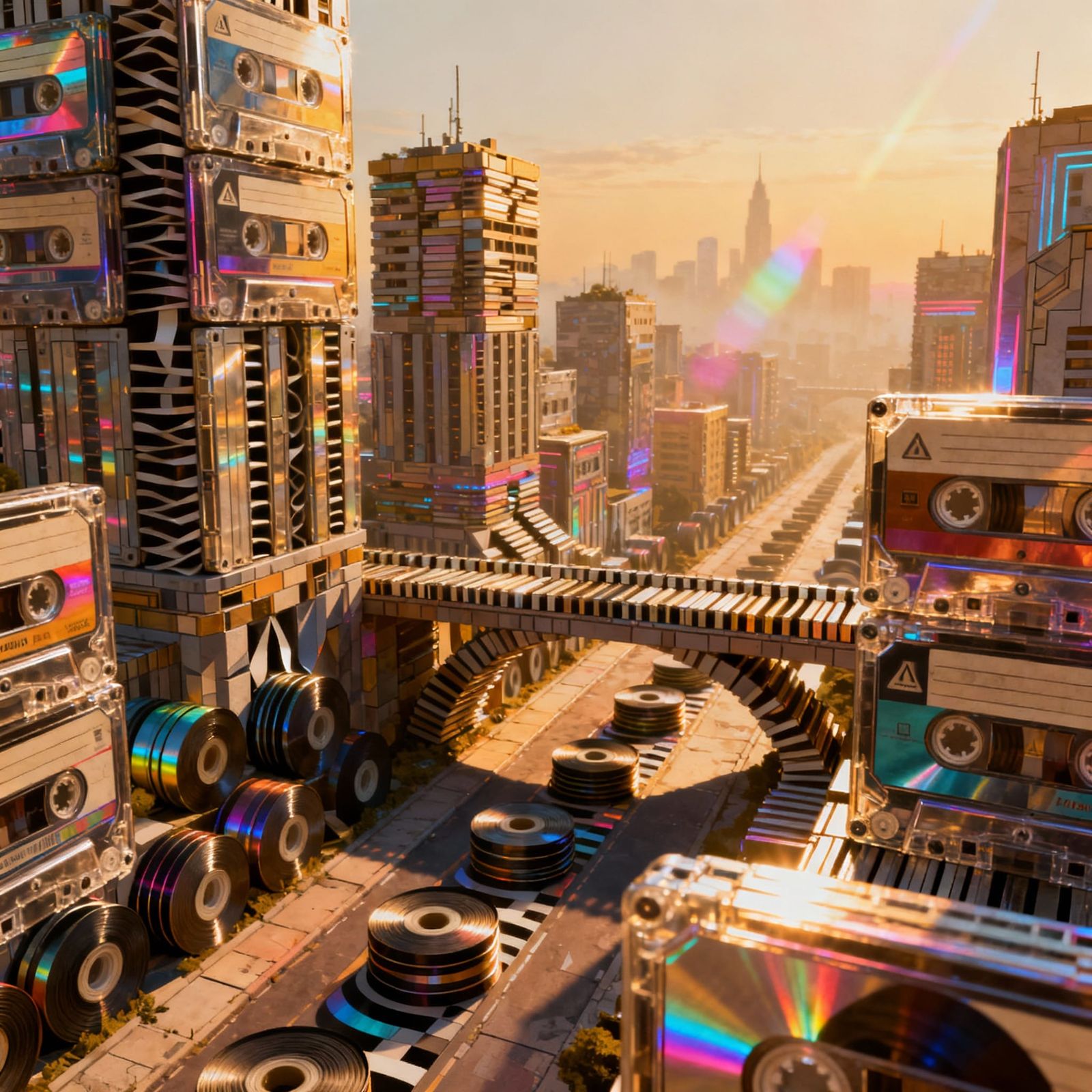 Cassette Tape Cityscape in Retro-Futuristic Style