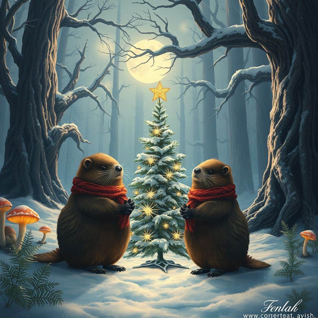 Beaver Family Chooses Christmas Tree Under Full Moon