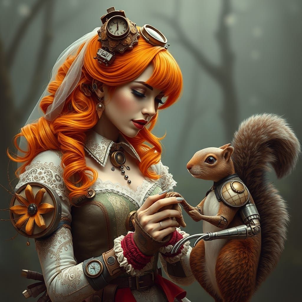 Steampunk Bride Inspects Robot Squirrel