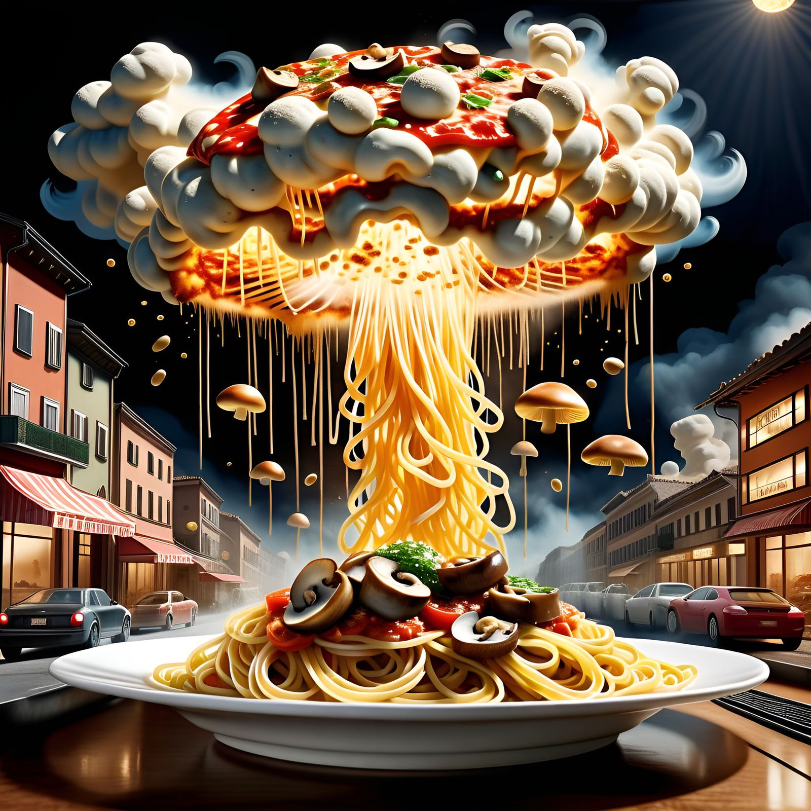 Surreal Nuclear Pasta Explosion in Watercolor Style