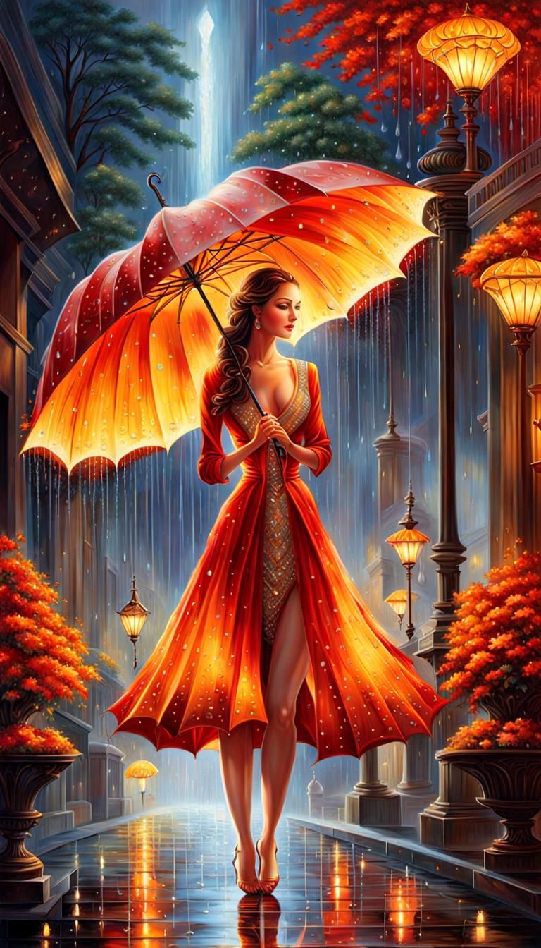 Enchanted Flame Figure with Raindrop Umbrella