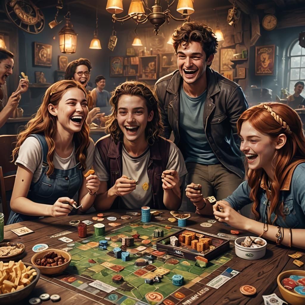 Teenagers Laughing and Eating Snacks Playing Board Game