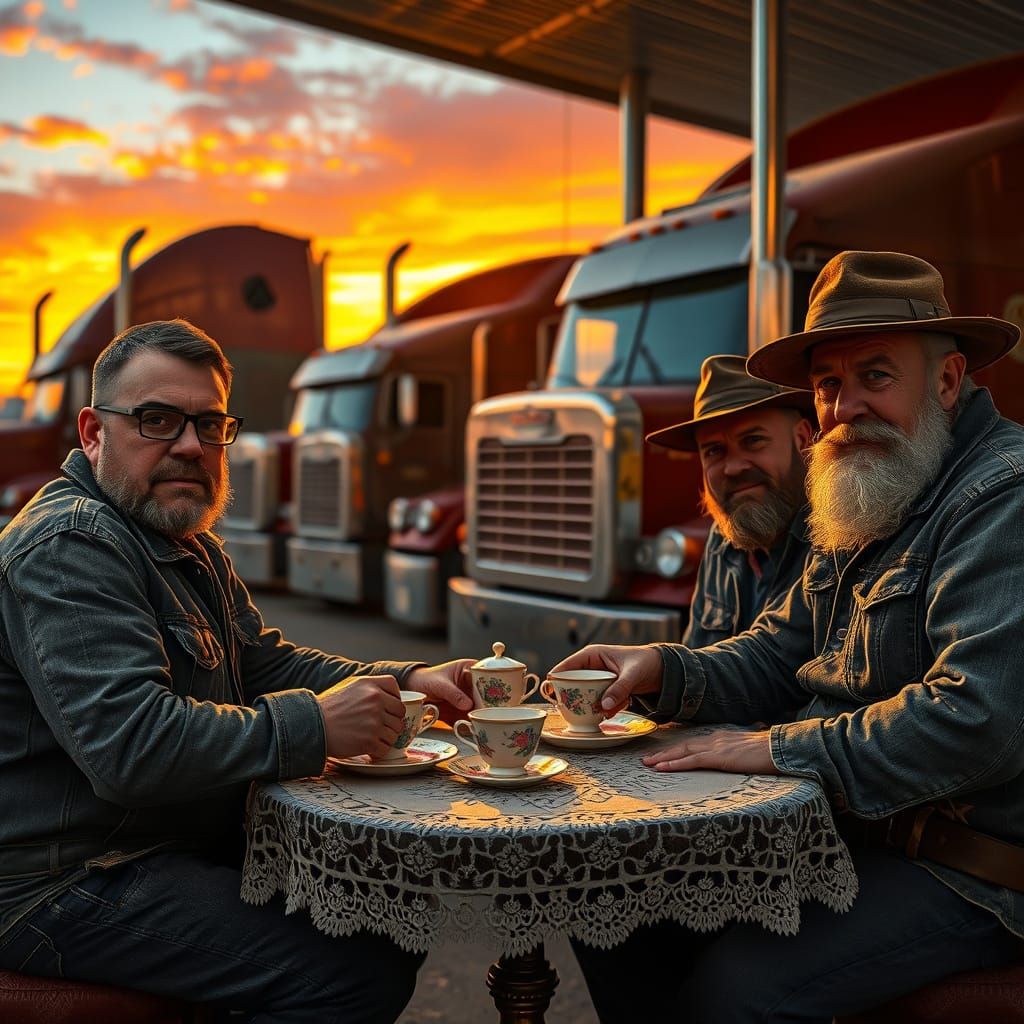 Rugged Truckers Enjoy Tea Party at Sunset