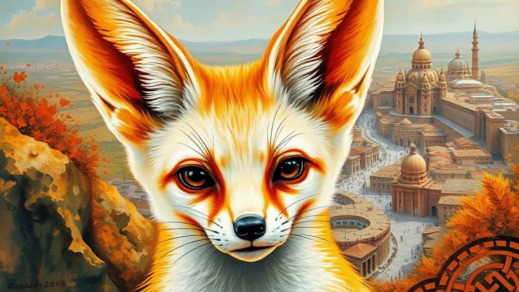 Fennec Fox in Impasto Style with Ancient Cityscape