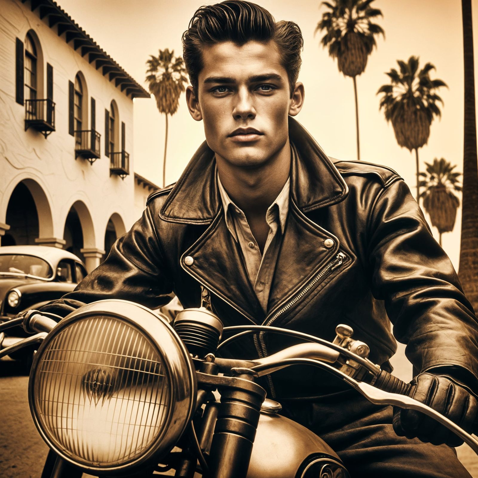 1950s Sepia Photo of Young Man on Motorcycle