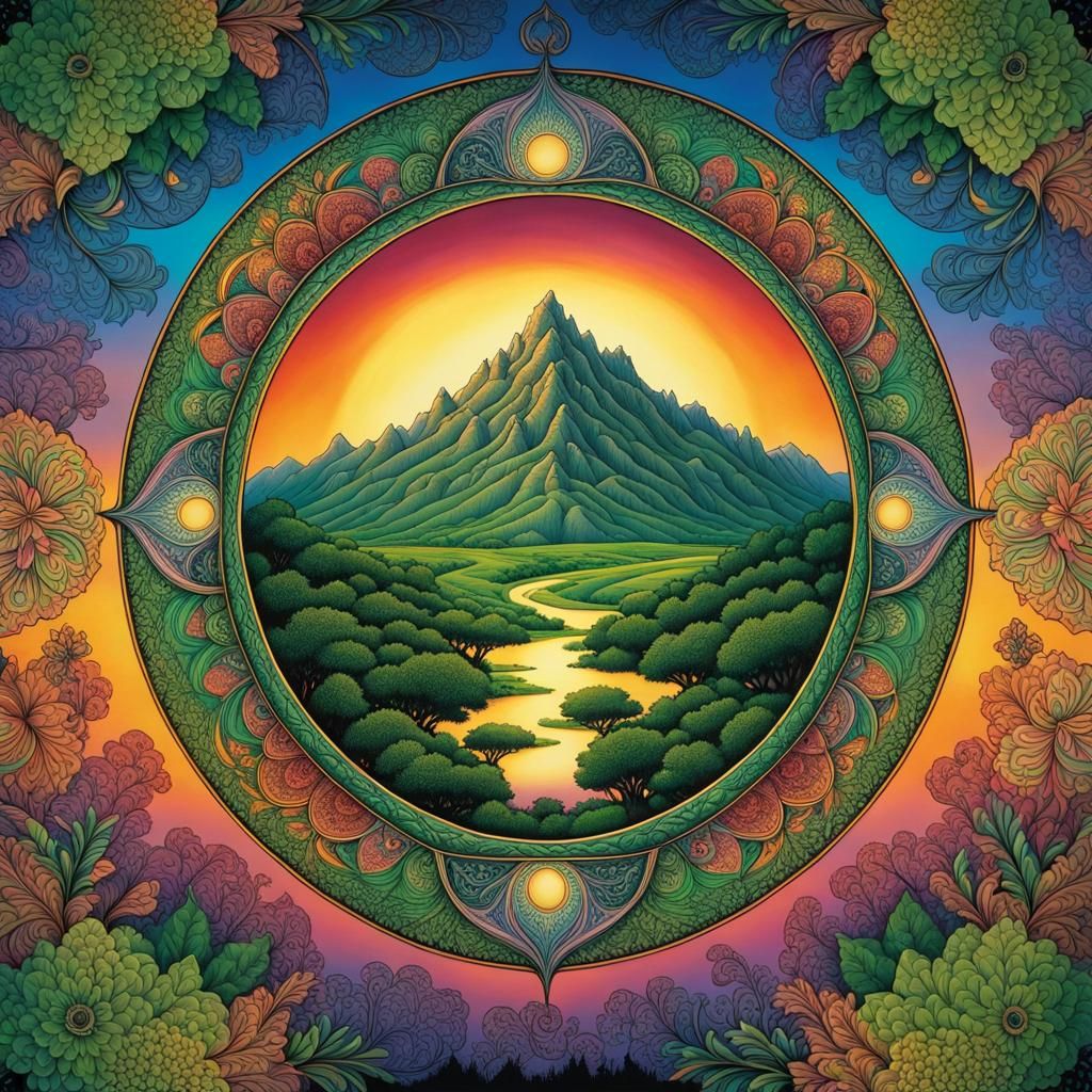 Gothic Mandala with Landscape, Detailed Colorful Art