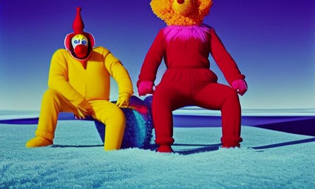 Psychedelic Teletubby Clowns Explore Arctic Landscape