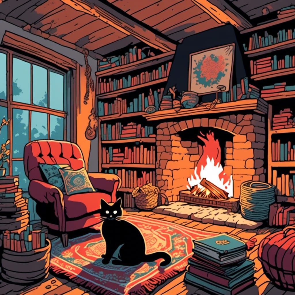 Cozy Cottagecore Room with Fireplace and Sleeping Cat