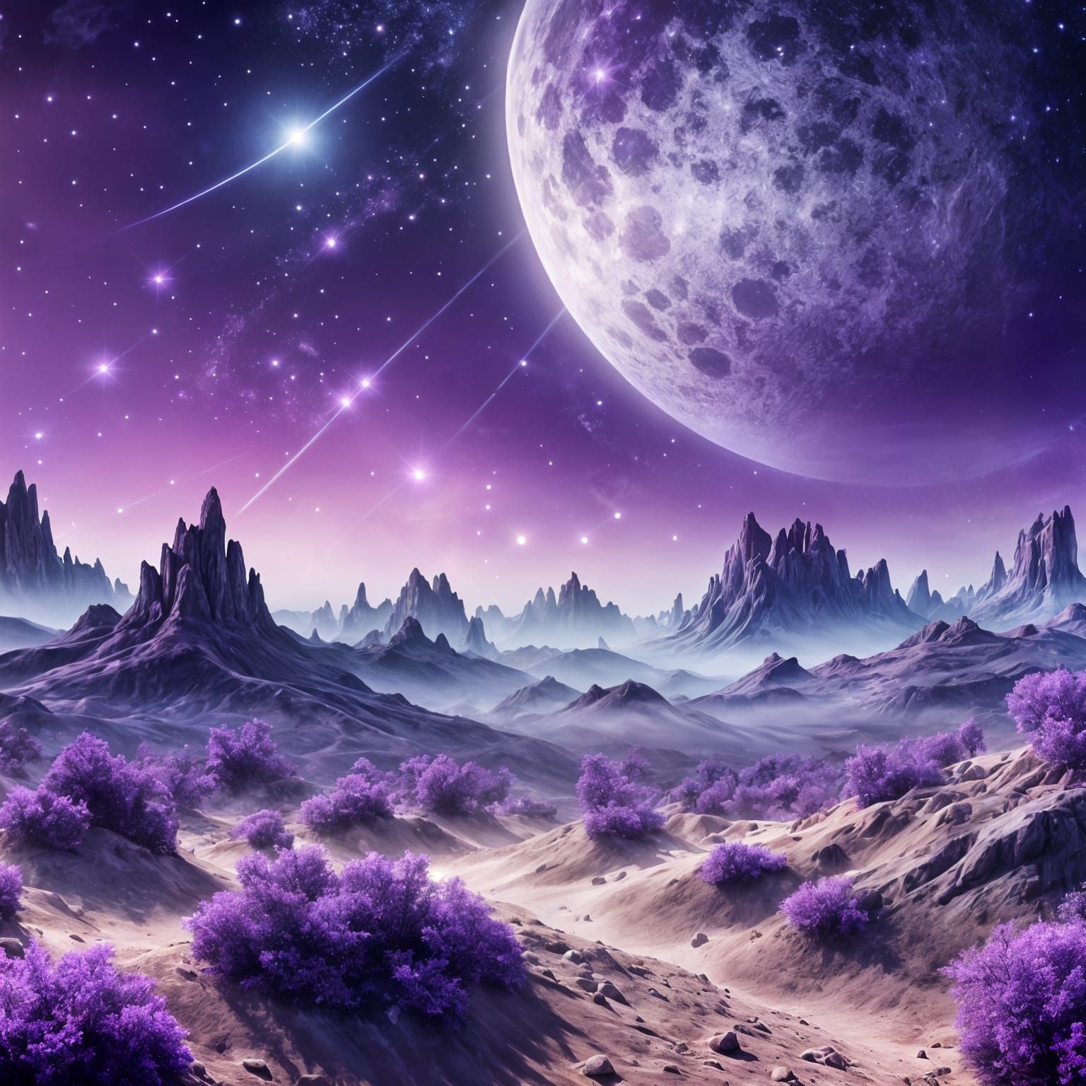 Purple Galaxy with Starry Sky and Full Moon