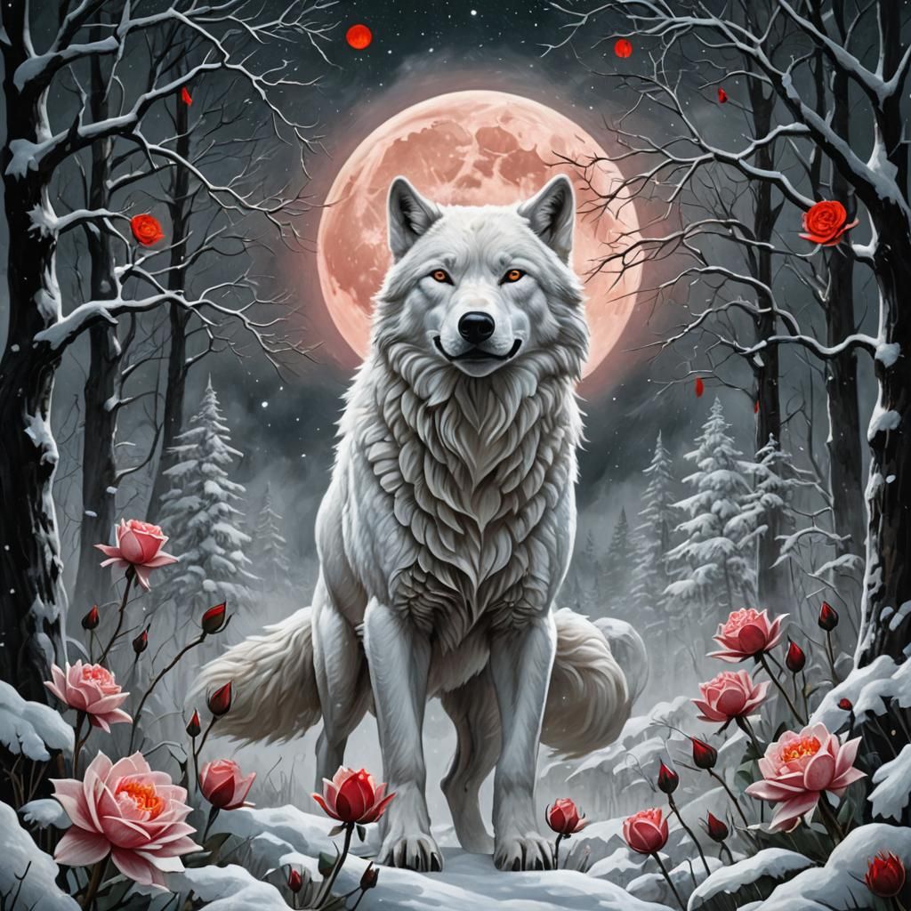 ""White7fang the rose and the hands of time on a dark and stormy winter night as the red moon glows down on the forest t...