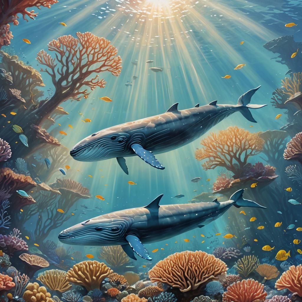Blue Whale Swims onto Coral Reef: Dreamy Marine Art